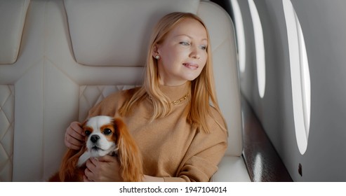 Elegant Mature Woman Sitting Inside Private Jet With Adorable Dog. Portrait Of Confident Wealthy Business Lady Travelling First Class With Cocker Spaniel Pet