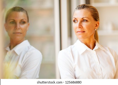 elegant middle aged businesswoman standing by office window