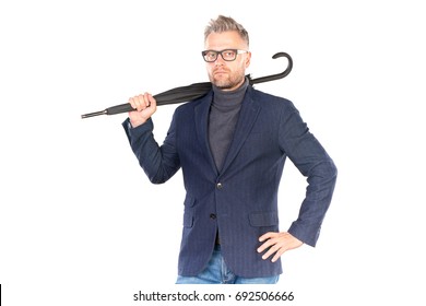 Elegant Middle-aged Businessman Holding Closed Stick Umbrella