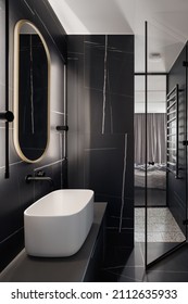 Elegant And Modern Bathroom With Black Marble Style Tiles, White Washbasin With Mirror With Led Light And Glass Doors To Shower