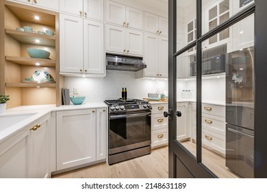 Elegant Modern Farmhouse Interior Kitchen Dining With Bar White Marble Charcoal Grey Chairs Bar Stools And Decor