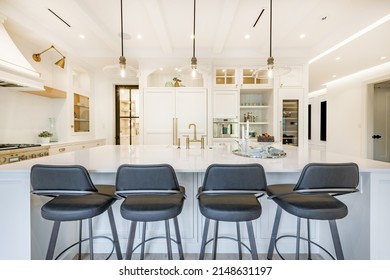 Elegant Modern Farmhouse Interior Kitchen Dining With Bar White Marble Charcoal Grey Chairs Bar Stools And Decor