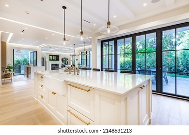 Elegant Modern Farmhouse Interior Kitchen Dining With Bar White Marble Charcoal Grey Chairs Bar Stools And Decor