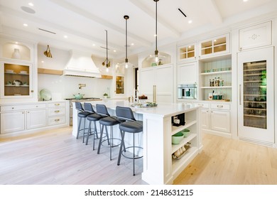 Elegant Modern Farmhouse Interior Kitchen Dining With Bar White Marble Charcoal Grey Chairs Bar Stools And Decor