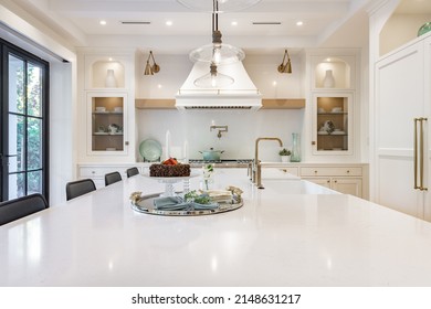 Elegant Modern Farmhouse Interior Kitchen Dining With Bar White Marble Charcoal Grey Chairs Bar Stools And Decor