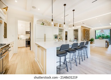 Elegant Modern Farmhouse Interior Kitchen Dining With Bar White Marble Charcoal Grey Chairs Bar Stools And Decor