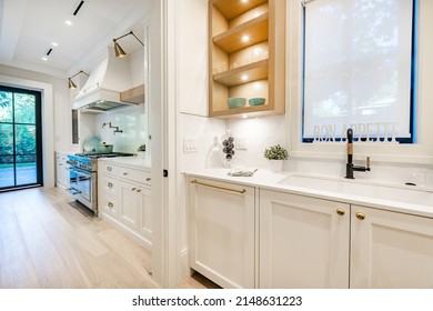 Elegant Modern Farmhouse Interior Kitchen Dining With Bar White Marble Charcoal Grey Chairs Bar Stools And Decor