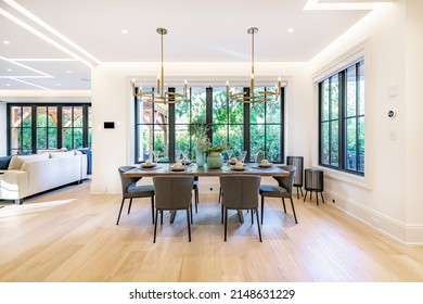 Elegant Modern Farmhouse Interior Kitchen Dining With Bar White Marble Charcoal Grey Chairs Bar Stools And Decor