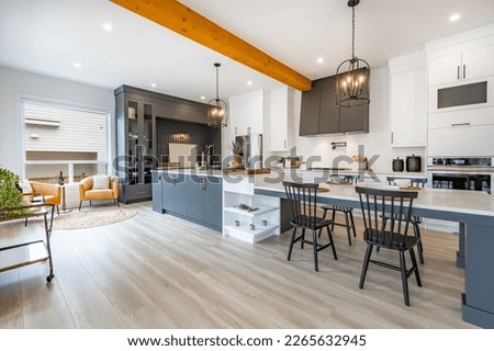 Elegant modern farmhouse style home interior kitchen living room bar and foyer