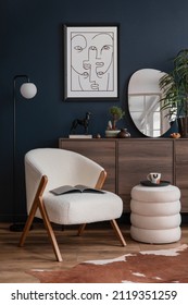 Elegant modern living room interior design with fluffy armchair, pouf, wooden commode, mock up poster frame and modern home accessories. Blue wall. Template. Copy space - Shutterstock ID 2119351259