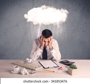 An Elegant Office Worker Is Having A Bad Day While Working, Illustrated By A White Cloud Above His Head With Heavy Rain And Thunder Concept