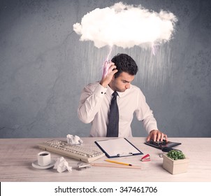 An Elegant Office Worker Is Having A Bad Day While Working, Illustrated By A White Cloud Above His Head With Heavy Rain And Thunder Concept