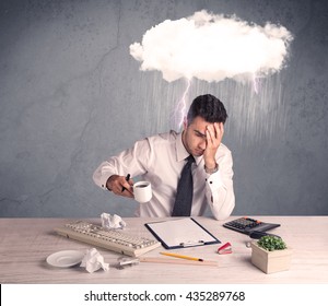 An Elegant Office Worker Is Having A Bad Day While Working, Illustrated By A White Cloud Above His Head With Heavy Rain And Thunder Concept