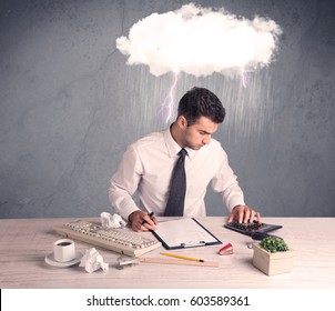 An Elegant Office Worker Is Having A Bad Day While Working, Illustrated By A White Cloud Above His Head With Heavy Rain And Thunder Concept