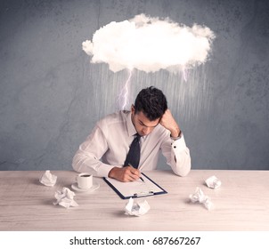 An Elegant Office Worker Is Having A Bad Day While Working, Illustrated By A White Cloud Above His Head With Heavy Rain And Thunder Concept