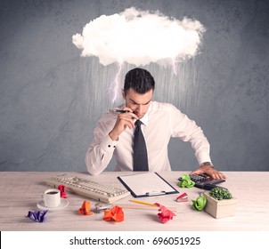 An Elegant Office Worker Is Having A Bad Day While Working, Illustrated By A White Cloud Above His Head With Heavy Rain And Thunder Concept