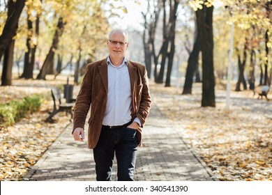 Elegant Old Men Walking Relaxed In Park