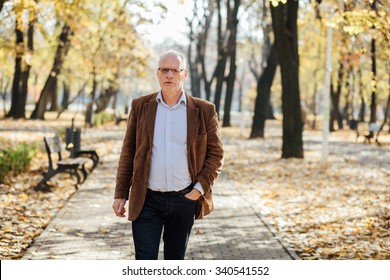 Elegant Old Men Walking Relaxed In Park