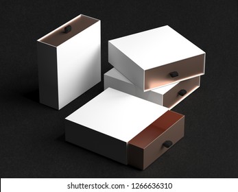 Elegant Open White And Gold Gift Box Mockup On Black Background. Luxury Packaging Box For Premium Products. Empty Opened Square Box. 3d Rendering