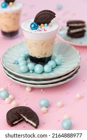 Elegant Oreo Glass Cup Cake With Blue Edible Pearls On Three 3 Small Plates