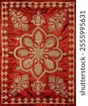 Elegant Ottoman textile with golden embroidery on red fabric. Traditional floral patterns. Vintage, royalty-inspired decor. Maximalism style.