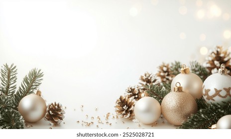 Elegant pearl and gold border with Christmas decorations, pine branches and golden bokeh lights  on white backdrop, copy space for text - Powered by Shutterstock