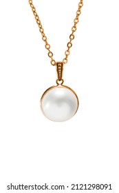 Elegant Pearl Necklace Hanging On White Background