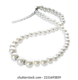 Elegant Pearl Necklace Isolated On White. Luxury Jewelry