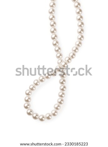 Elegant pearl necklace isolated on white, top view