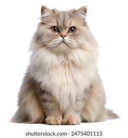 Elegant Persian cat with long, fluffy fur sitting upright. The cat displays a calm and regal demeanor, perfect for pet-related content or advertisements. - Powered by Shutterstock