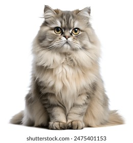 Elegant Persian cat with long, fluffy fur sitting upright. The cat displays a calm and regal demeanor, perfect for pet-related content or advertisements. - Powered by Shutterstock