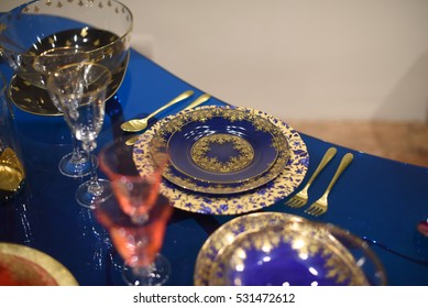 Elegant Place Setting With Gold, Blue And Crystal