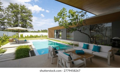 Elegant private villa featuring a rectangular pool and a minimalist outdoor seating area under a wooden ceiling