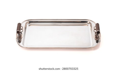 elegant rectangular tray in silver metal features distinctive handles decorated with spiral details.