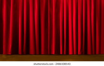 Elegant red velvet stage curtains closed, set in a theatrical ambiance. Perfect for presentations or performances. - Powered by Shutterstock