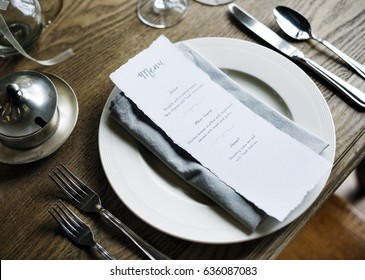 Elegant Restaurant Table Setting Service For Reception With Menu Card