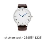 Elegant round watch featuring a white dial with Roman numerals, blue hands, and a classic brown leather strap, perfect for both casual and formal occasions.