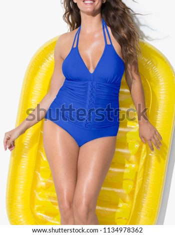 Elegant Royal Blue swimsuit with yellow and white background