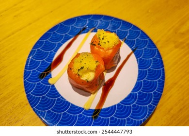 Elegant Salmon Sushi Roll with Cheese Topping and Decorative Sauce - Powered by Shutterstock