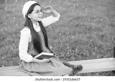 Elegant Schoolgirl Child Girl Reading Book In Park, Elite School Concept.