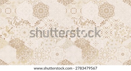 Elegant seamless patchwork pattern featuring vintage ceramic tile designs with intricate floral mandalas, damask motifs, and arabesque details in soft beige and cream tones.