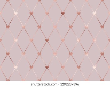 Elegant Seamless Pattern With Rose Gold Rhombus Tiles With Heart Elements.