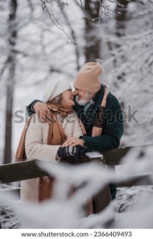 Elegant senior couple kissing in the snowy park, during cold winter snowy day.