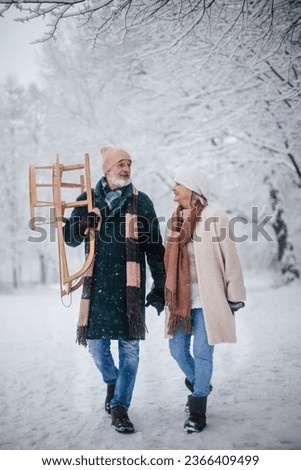Elegant senior couple walking with sledge in the snowy park, during cold winter day.