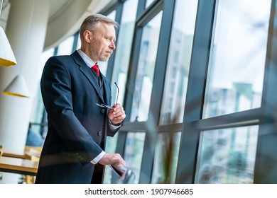 Elegant senior man in dark suit and red tie is looking to the panoramic window. View from below.
