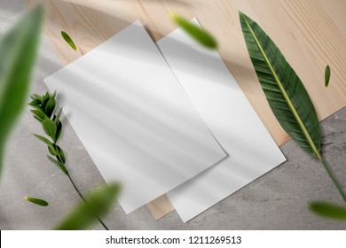 Elegant Stationery Mockup Set, Letterhead, With Floral Shadows Overlays, Floral Elements, Top View, On Wooden Background.