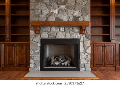 Elegant Stone Fireplace With Wooden Bookshelves Design