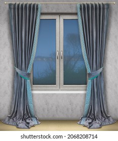 Elegant straight curtains made of velvet fabric trimmed at the edges with an ornamental border, decorate the window with a beautiful view of the night landscape in the fog