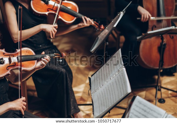 Elegant string\
quartet playing in luxury room at wedding reception in restaurant.\
group of people in black performing on violin and cello at theatre\
orchestra, music\
concept