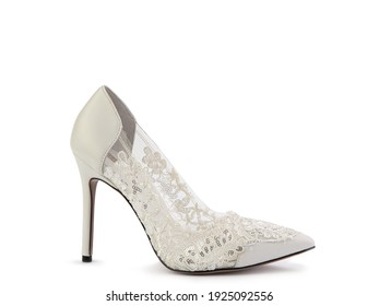 Elegant And Stylish Wedding High-heeled Women Shoes. Shoes On High Heels With Beautiful Lace Details And Silver Glitters. Isolated Close-up On White Background. Right Side View. Fashion Shoes.